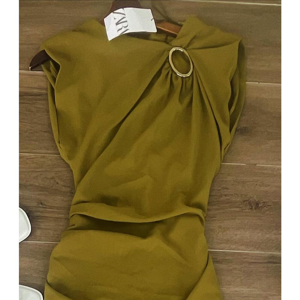Zara NWT Olive Green Ruched Gold Hardware Midi Dress L - Picture 15 of 16